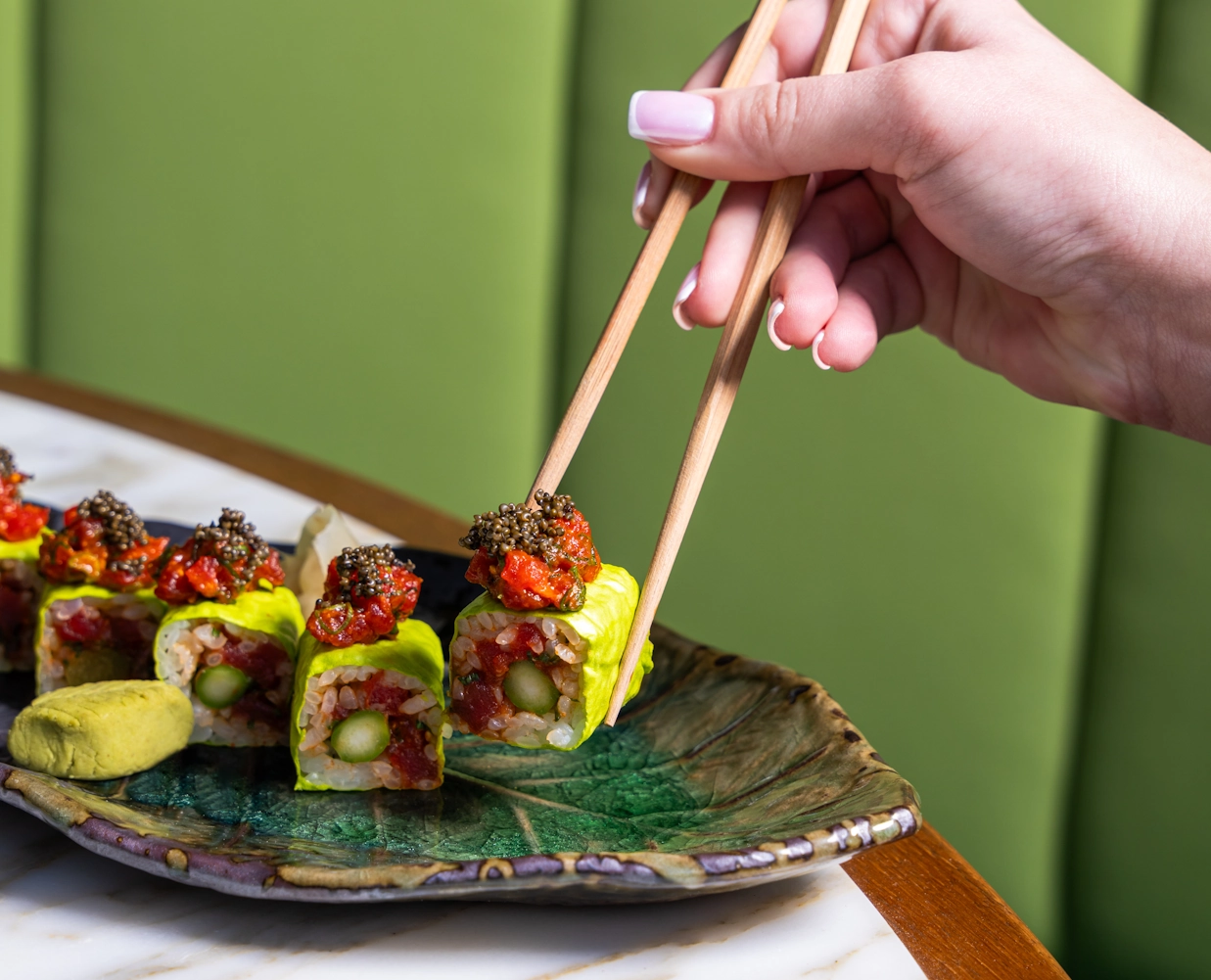 Sushi served with chopsticks at Blume Restaurant Dubai