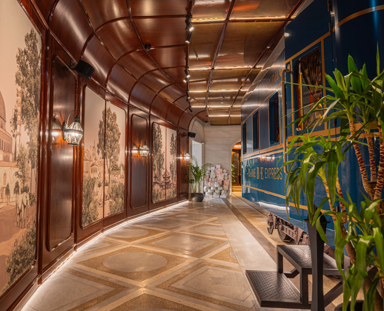Best restaurants for group dining in Dubai Mall Elegant interior corridor at Blume Restaurant Dubai