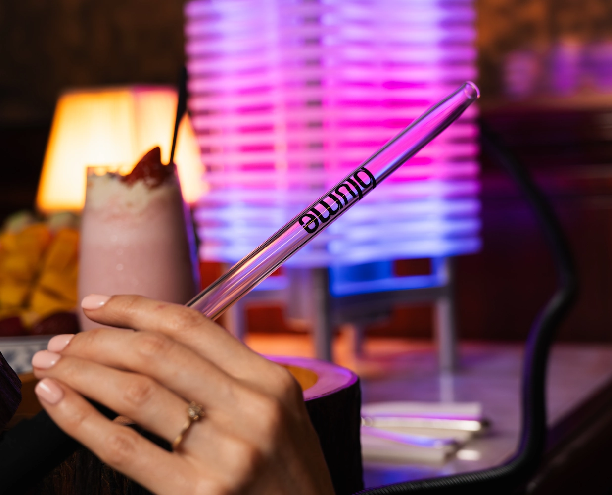 Best shisha in Dubai Mall Blume branded shisha hose with purple lounge lighting