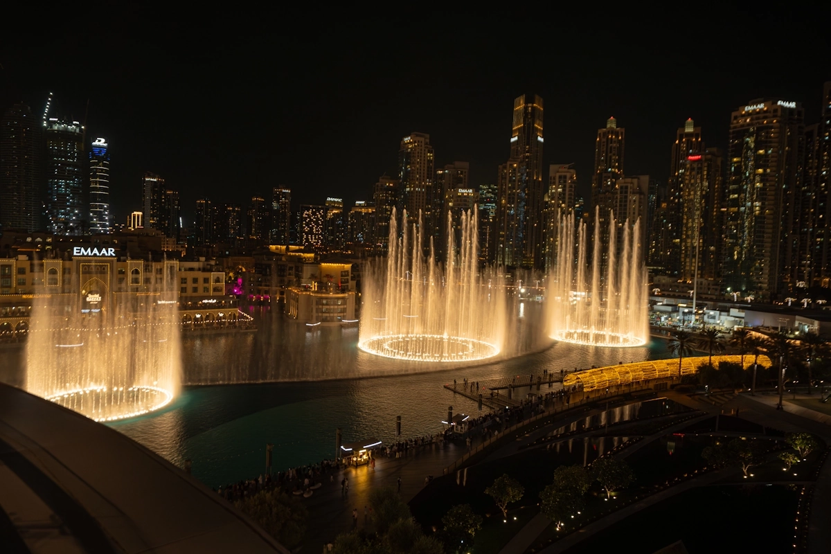 Blume Dubai Mall rooftop Dubai fountain night view from Blume Restaurant