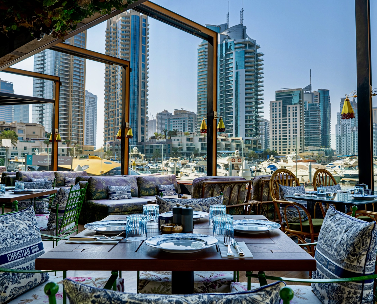 Terrace dining with Dubai Marina skyline at Blume Restaurant