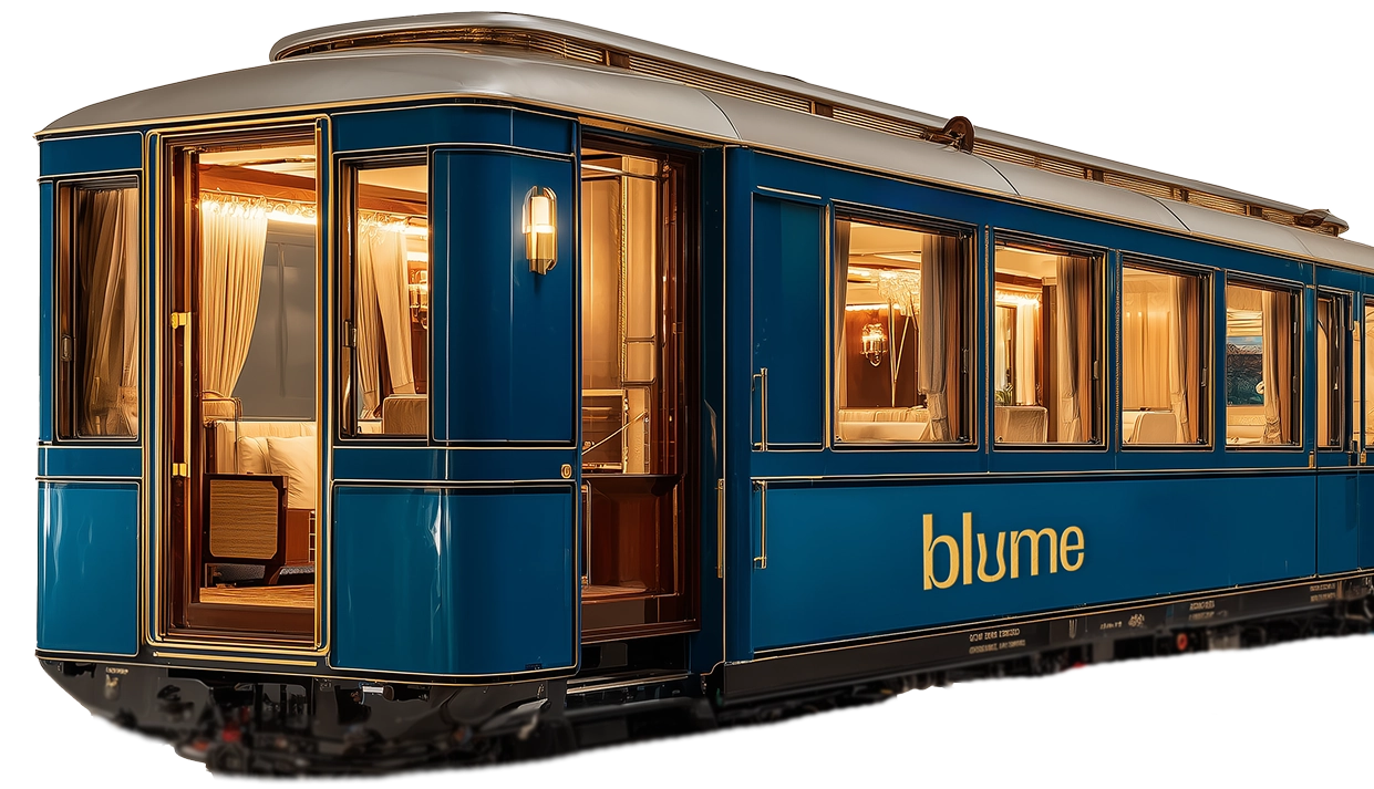 Blume Train Background Blue Blume dining booth exterior at Blume Restaurant Dubai