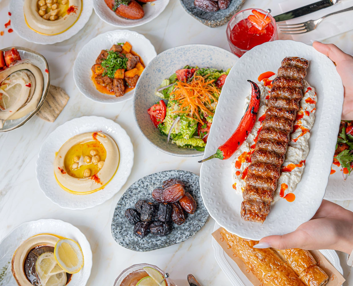 Dubai Marina iftar Kebap and salad dishes at Blume Restaurant Dubai
