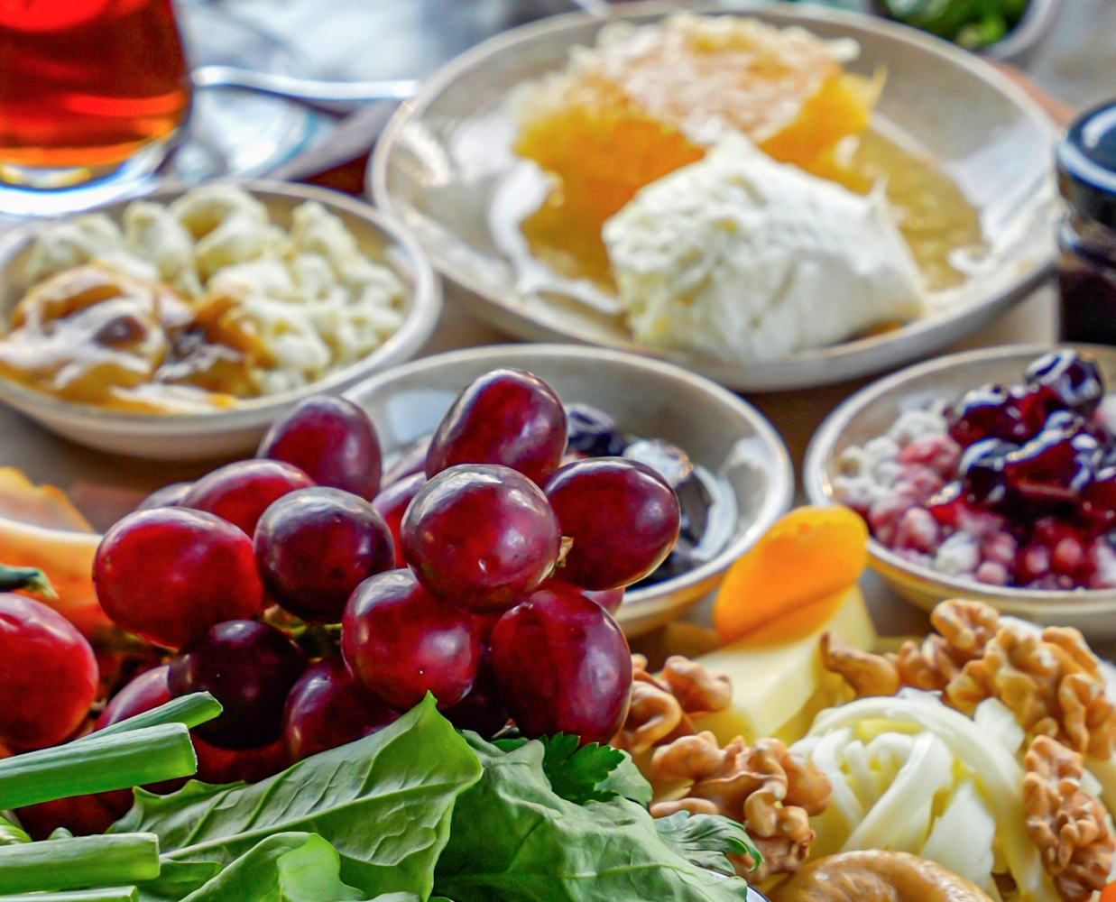 Turkish breakfast in Dubai Marina Cheese grapes and breakfast platter at Blume Restaurant Dubai